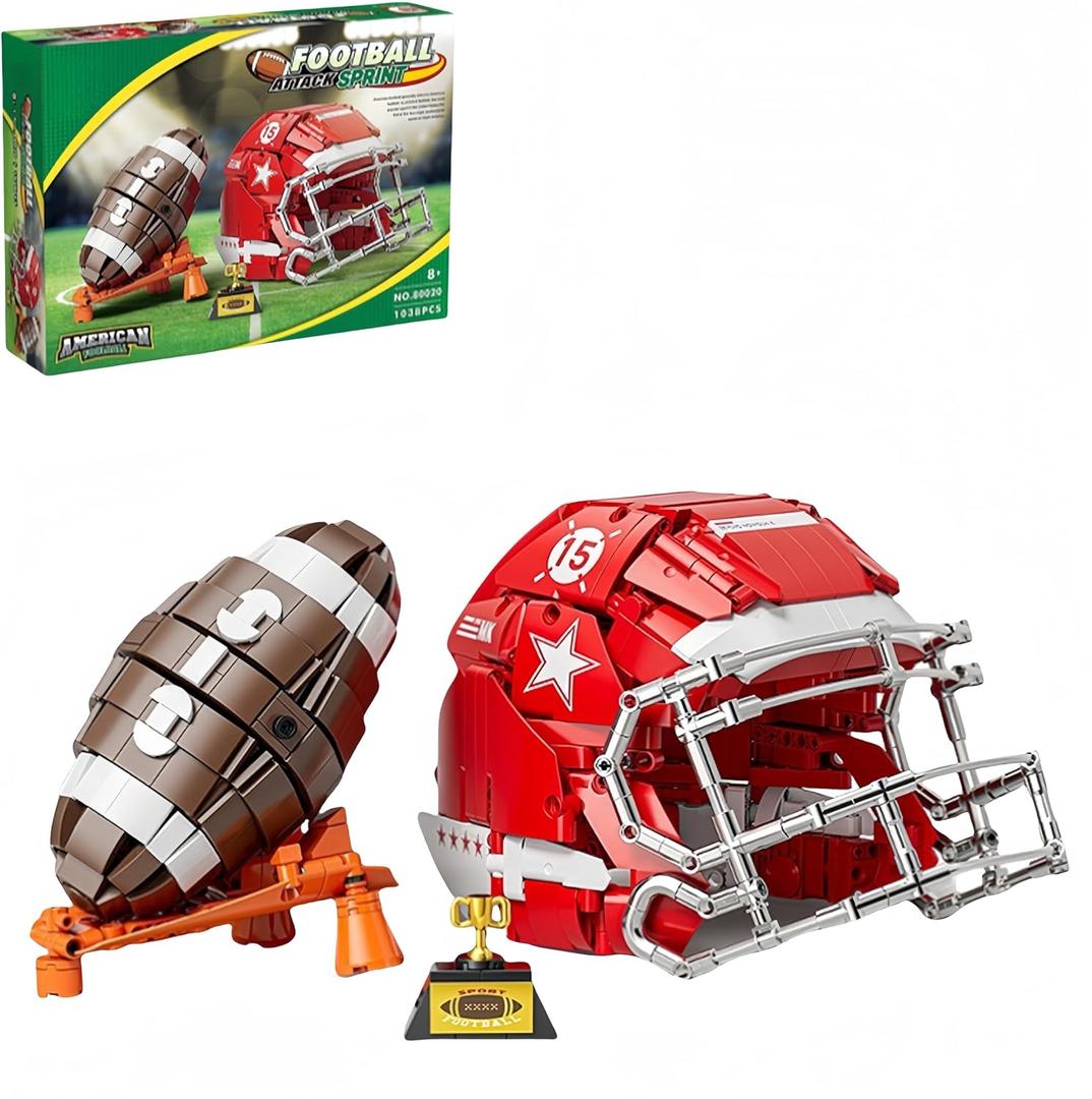 Football and Red Football Helmets Building Blocks Kits Room Decoration Football Stadium Toy Gift for for Sports Fans1038pcs (Brown Football)
