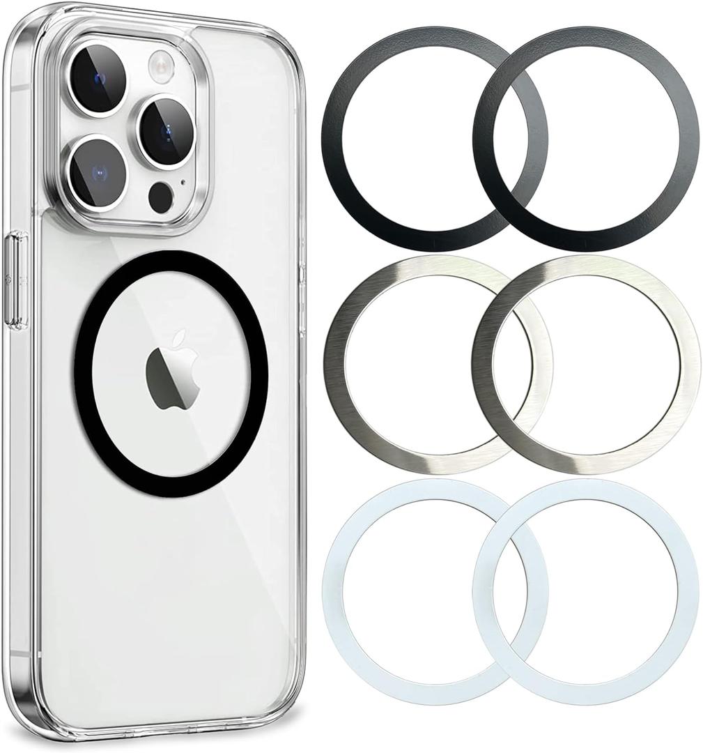 Aothey Universal Metal Rings Compatible with Magsafe Sticker,Magnetic Ring for Phone Cases & Wireless Charging, 6 Pack (2 Black,2 White & 2 Silver) (0.4mm-O)