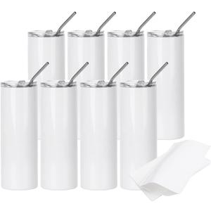 PYD Life 8 Pack Sublimation Tumblers Blanks 20 OZ Skinny White Straight Stainless Steel Cups with 10 PCS Shrink Wrap Film for Tumbler Press Machine Sublimation Oven Printing