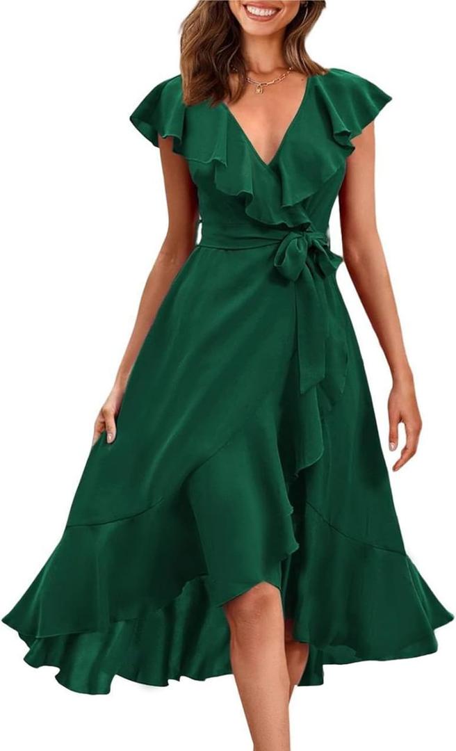 RETTYGARDEN Women's 2026 Spring Cross Midi Dress Casual Boho Deep V Neck Short Sleeve Ruffle Hem Split Beach Long Dresses (X-Large, Dark Green)