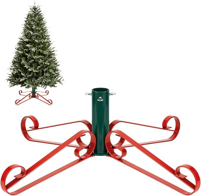 Christmas Tree Stand for Artificial Trees 4 to 8 Foot Christmas Fake Tree Holder for Green & Red Indoor Outdoor Party Christmas Tree Ornaments Fits Up to 1.4" Xmas Tree Trunks