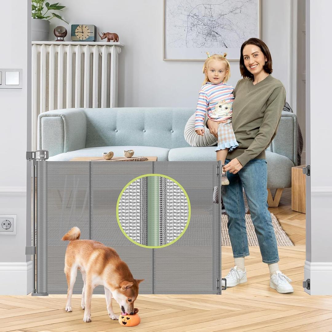Reinforced 55" Wide Retractable Dog Gate with Support Rods, 33" Tall Retractable Baby Gate for Dogs, No Sag and Wrinkle Mesh Child Gates for Doorways, Indoor Pet Barrier Stair Gates for Kids, Gray