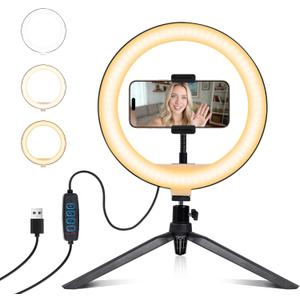 Selfie Ring Light 10" with Tripod Stand and Phone Holder, LED Ring Light for Desk with 3 Light Modes & 11 Brightness Level for Selfie, YouTube, Makeup, Live Streaming, TIKTOK