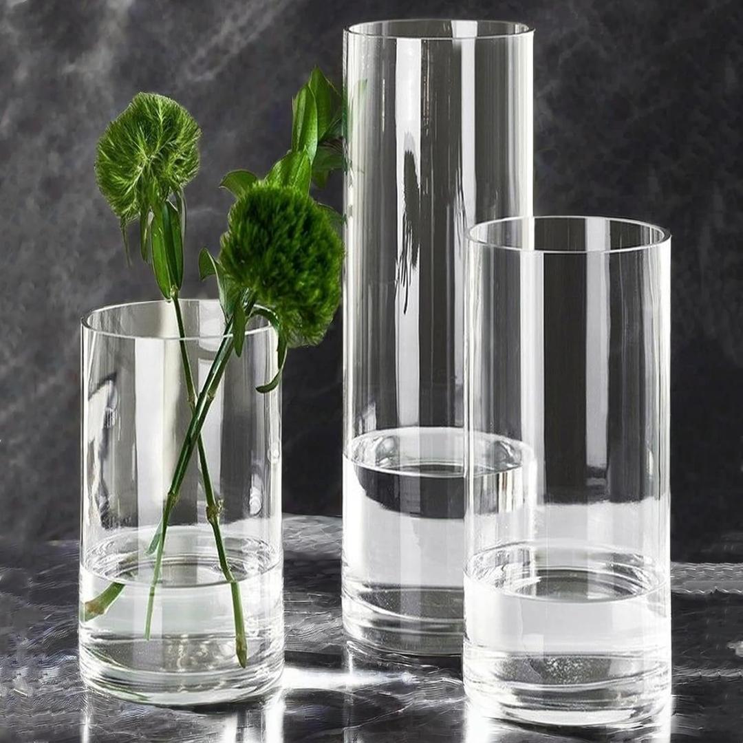 3 Pcs Acrylic Clear Cylinder Flower Vase for Plants Bouquet, Unbreakable Hurricane Tall Large Plastic Vases for Wedding Centerpieces, Hydroponic Decor Base Set of 3 (H 8" + H 10" + H 12" No Flowers)