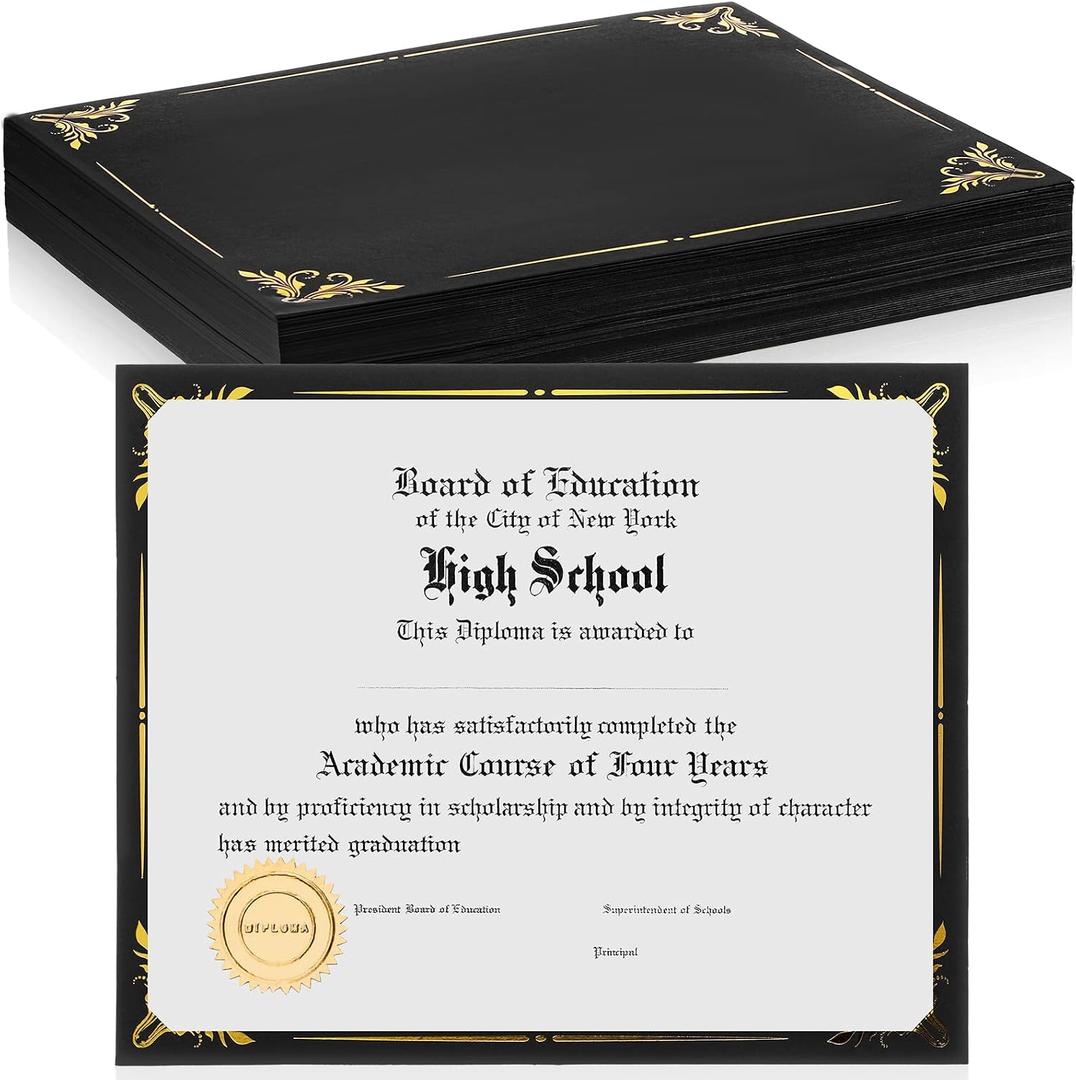 Fainne 50 Pcs Single Sided Certificate Holder Diploma Covers with Foil Border for 8.5 x 11 Inches Certificates Cardstock Document Papers Award Competition Supplies(Black, Gold)