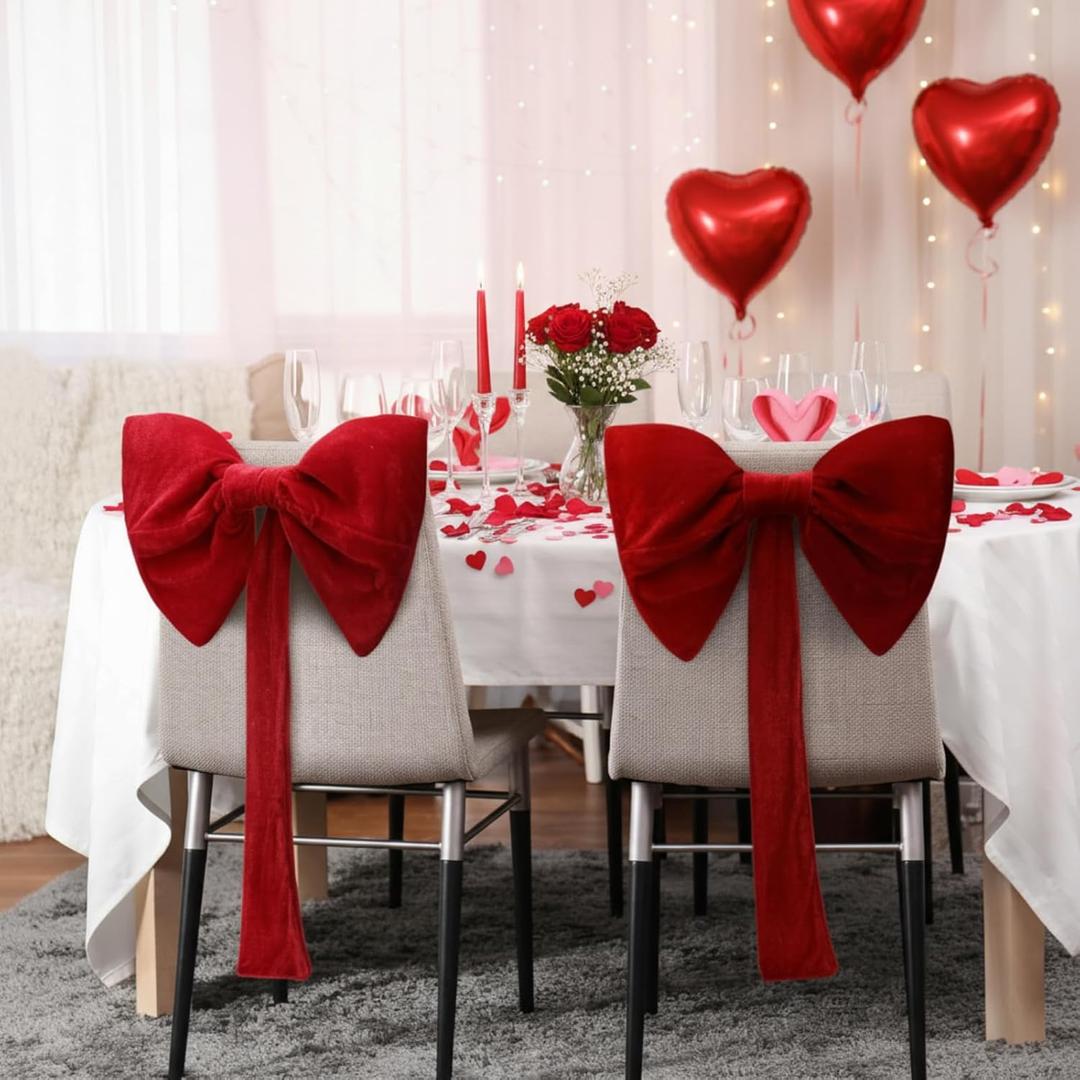 Tudomro 2 Pcs Red Chair Covers Large Red Velvet Bows Sashes Dining Chair Cover 18 x 15 Inch Hanging Romantic with Hook for Couple Wedding Anniversary Home Decor