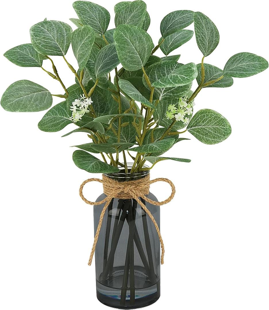 Artificial Eucalyptus Stems in Black Vase with Faux Water, 15" Fake Eucalyptus Leaves for Centerpiece Table Bathroom Shelves Kitchen Farmhouse Wedding Home Greenery Decor, Grey Green (Black Grey Green)