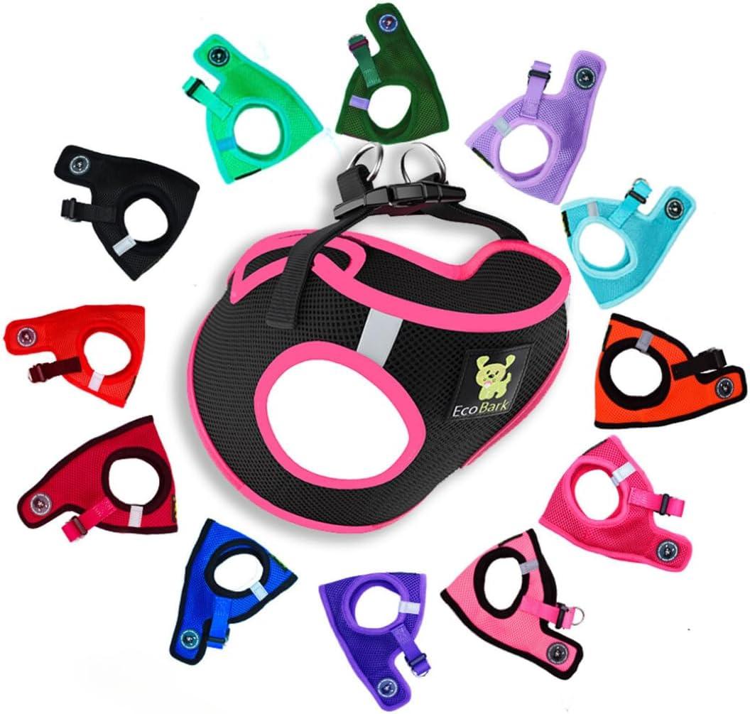 EcoBark Step in Dog Harness - Eco-Friendly Teacup Dog Harnesses for XXS, XS, and Small Dogs - Reflective and Adjustable Mini Body Halter Vest -Tiny Soft Mesh Toy Breed Harness (XXXS, Black and Pink)