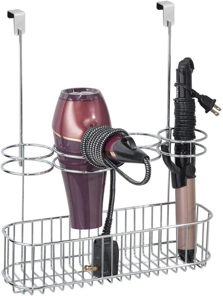 mDesign Metal Over Door Bathroom Hair Care & Styling Tool Organizer Storage Basket for Hair Dryer, Flat Irons, Curling Wands, Hair Straighteners - Hang Inside/Outside Cabinet Doors - Chrome