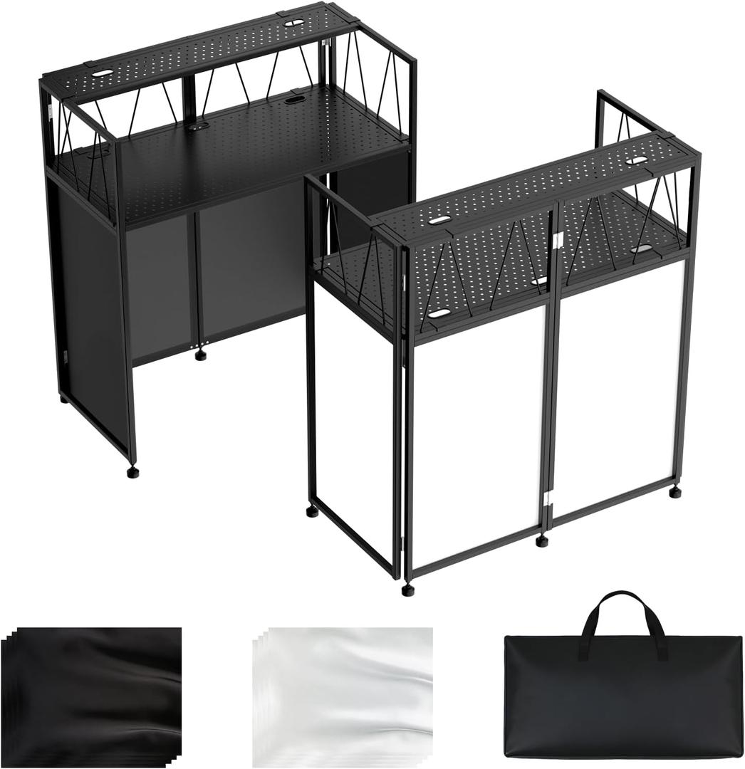 Portable DJ Table Stand, Tool-Free Setup Foldable 40" x 20" DJ Stand Booth w/ 2 Top Trays, Black & White Scrims, 4IN Adjustable Leveling Feet, 5 Cable Holes and Carry Bag, for Parties, Events, Studios, 40×20×45.8 inch