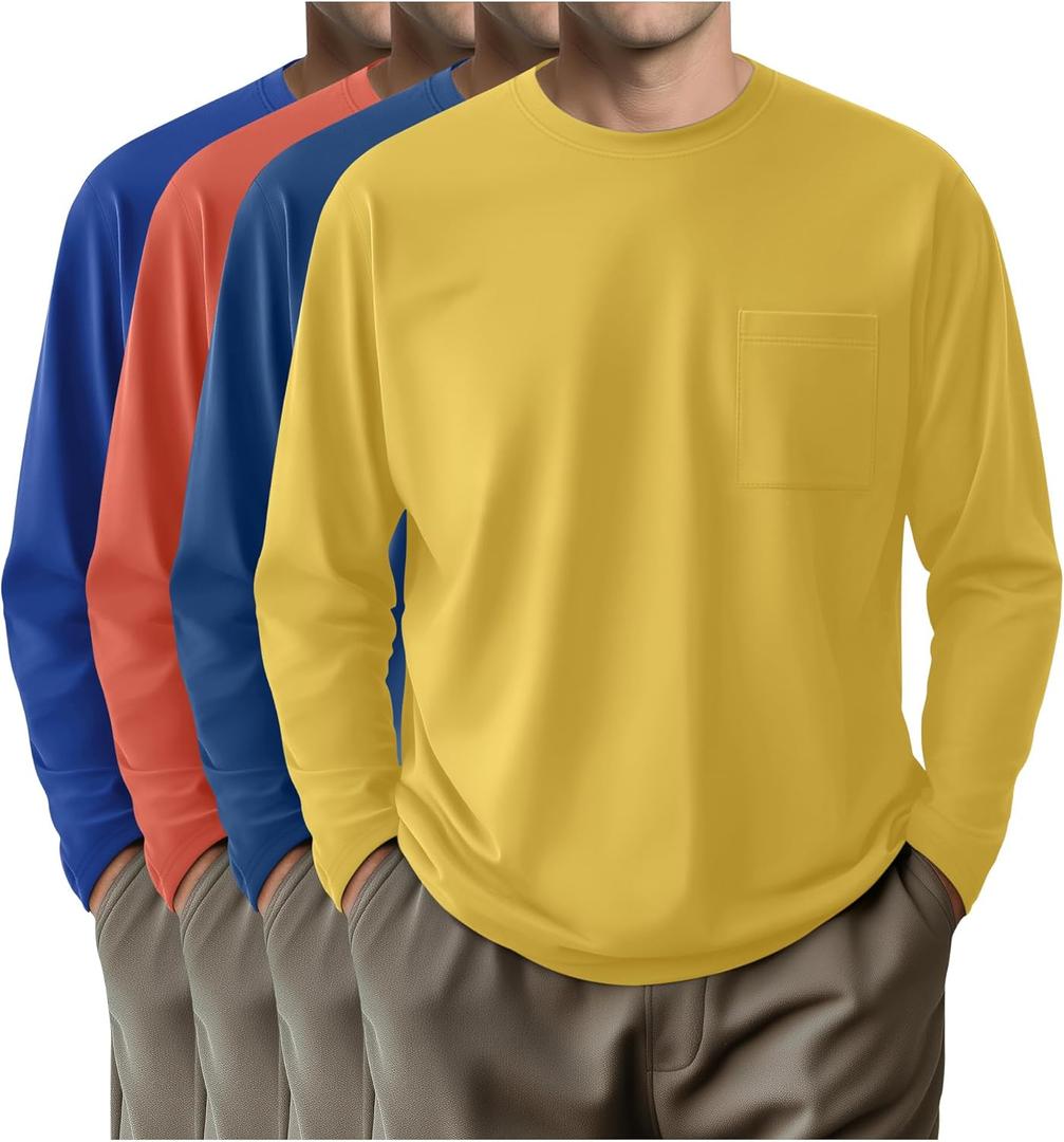 4 Pack Men's Big and Tall Shirts Long Sleeve Pocket T-Shirts Cotton Crew Neck Tops Comfy Slim Fit Breathable Tees (Dark Blue, Orange Red, Haze Blue, Yellow, ,4X-Large)