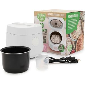 GreenLife Digital Rice Cooker, 2-Cups Uncooked/4-Cups Cooked, Removable Nonstick Ceramic PFAS-Free Pot, One-Touch Presets, Oats, Quinoa, Brown Rice, Auto Keep Warm, Fuzzy Logic Tech, 1.5QT, White