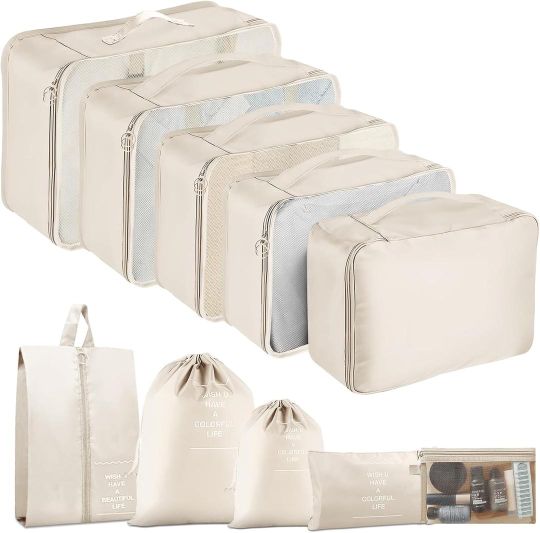 Packing Cubes for Travel-10 Set Luggage Organizer Bags for Family, Mesh Breathable Packing Cubes for Suitcases Durable Travel Essentials Bags Set (Beige)