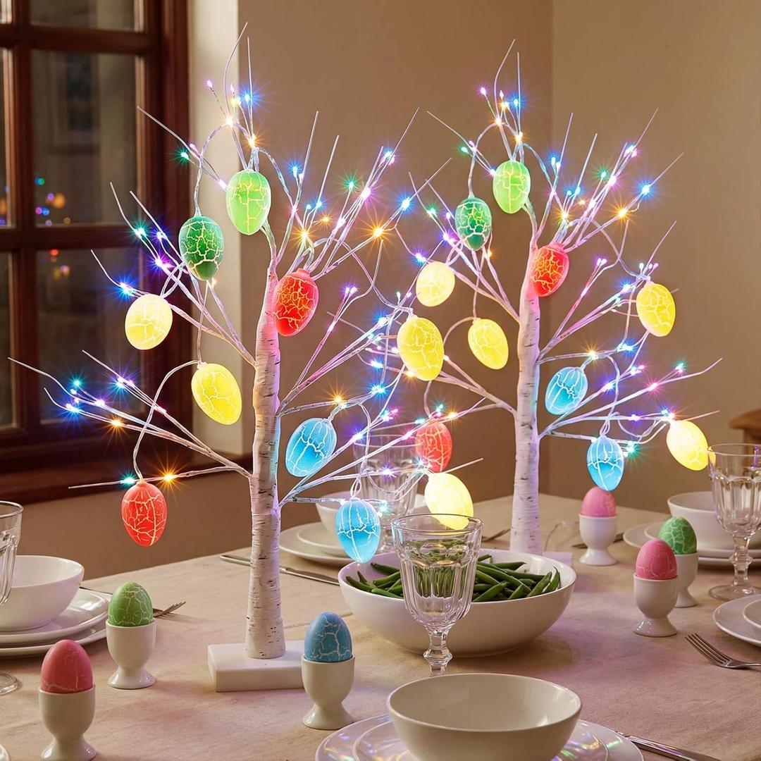 VIHOSE 4 Pcs Easter Decoration 2ft LED Lighted Birch Tree & 2 String of LED Easter Eggs, 3 Aa or USB Powered, Tabletop Spring Decor for Home Mantel Indoor Office Bedroom