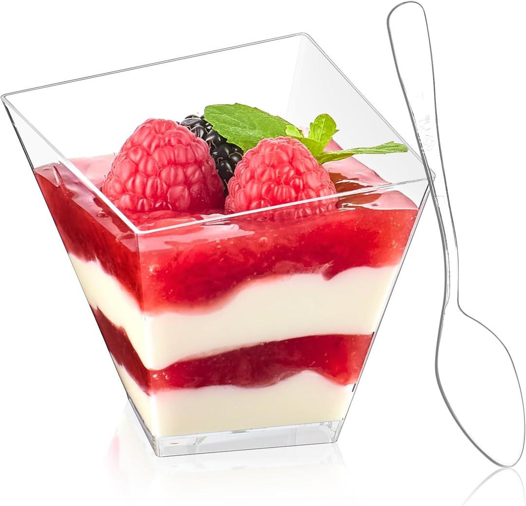 Zezzxu 4 oz Slanted Irregular Dessert Cups with Spoons, 50 Pack Mini Appetizer Cups Small Plastic Party Serving Cups for Ice Creams Mousses Puddings Parfaits Triffles