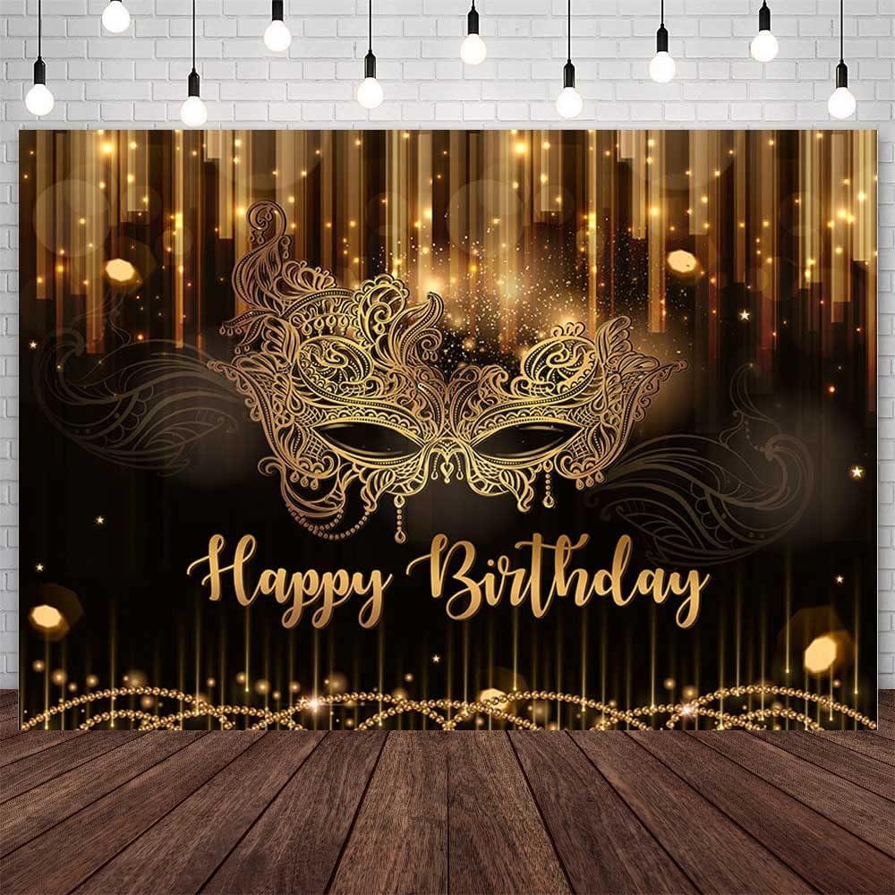 7x5ft Happy Birthday Backdrop Masquerade Mask Party Decorations Supplies Carnival Birthday Dancing Party Banner Black Gold Glitter Birthday Party Photo Shoot Prop