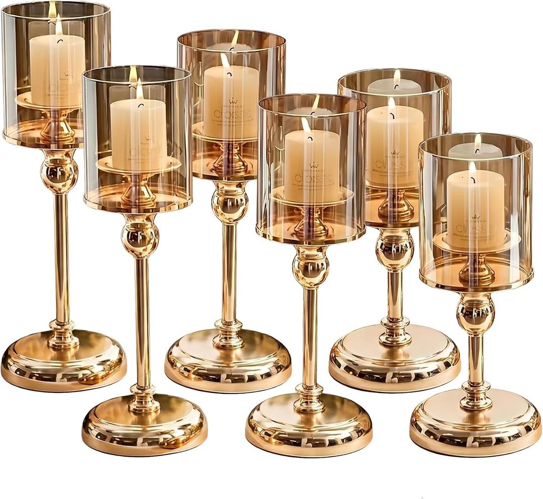 Gold Hurricane Candle Holders - Set of 6 Tall Candlestick Holders Windproof Taper Candle Holders, Metal Stand for Table Centerpiece Outdoor Indoor Wedding Party Holiday Decor