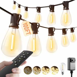 luckystyle 100FT LED Outdoor String Lights with Remote, 35+ 1 Shatterproof Bulbs Waterproof and Dimmable Patio Lights for Porch, Garden, Backyard, Deck, Balcony, 2700K Hanging Lighting (Warm White-2700K)