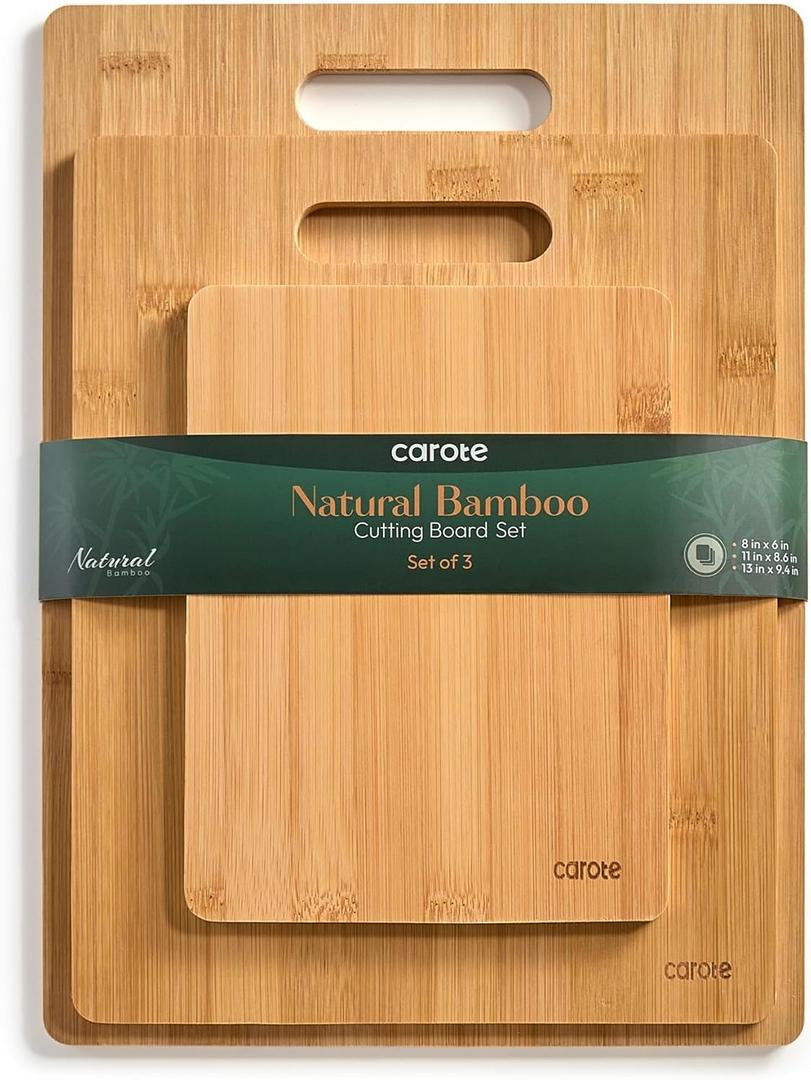 CAROTE Bamboo Cutting Boards Set, 3PCS Wood Cutting Board for Kitchen Non Toxic, Knife Friendly, Ideal for Chopping Meat/Vegetables/Fruit,Charcuterie Boards with Handles