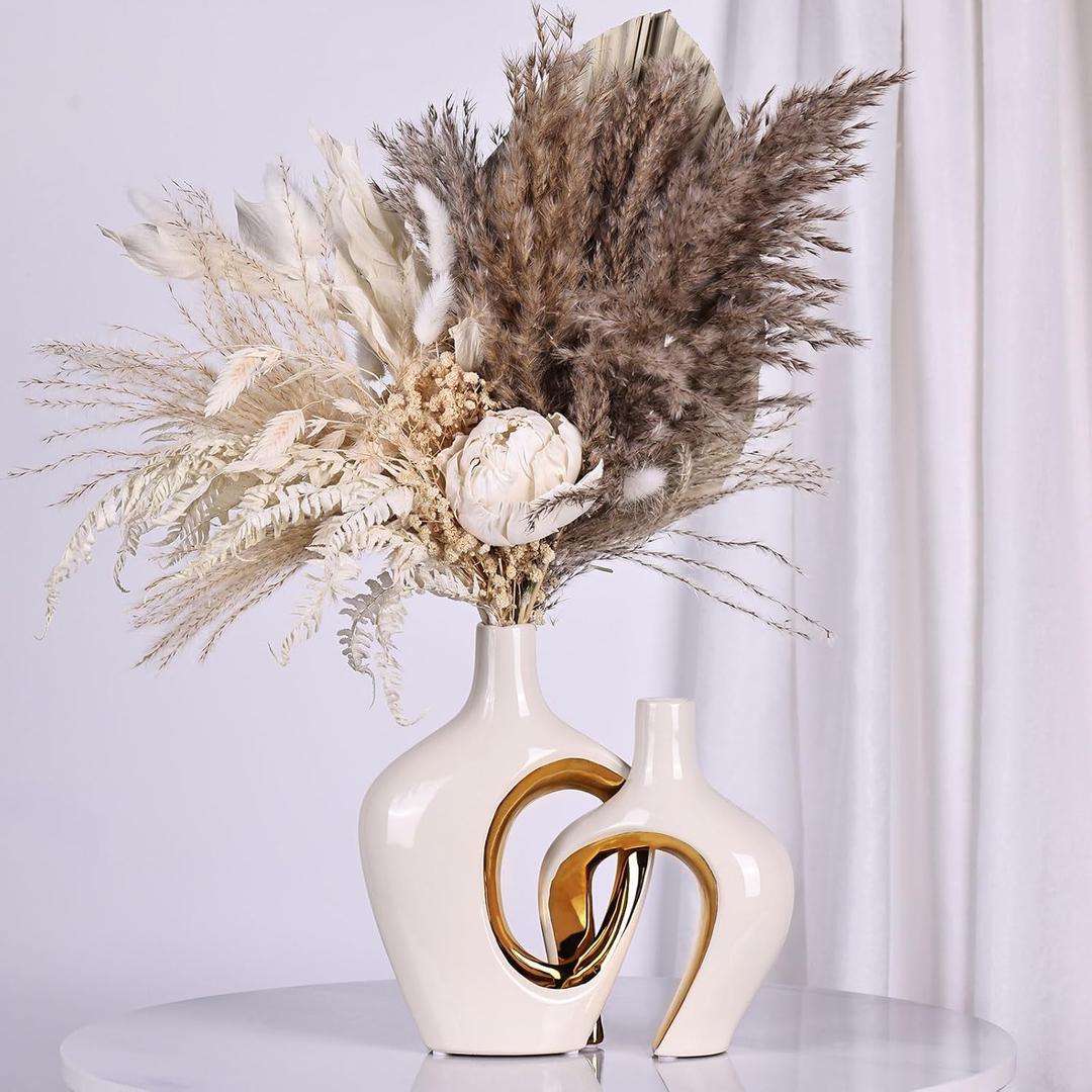 White and Gold Ceramic Vase Set of 2 - Nordic Boho Minimalist Design for Home Decor, Modern Donut & Hollow Style for Living Dining Room, Bedroom, Office - Decorative Pampas Grass &Flower Centerpiece