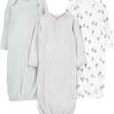 Simple Joys by Carter's unisex-baby 3-Pack Cotton Sleeper Gowns, Avocados/ Heather/ Stripe, 0-3 Months