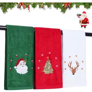 3 Pcs Christmas Hand Towels for Bathroom, 100% Cotton Soft Absorbent Christmas Kitchen Towels, Embroidery Christmas Decorations Towel for Holiday, Kitchen, Gift (15 x 23 Inch)