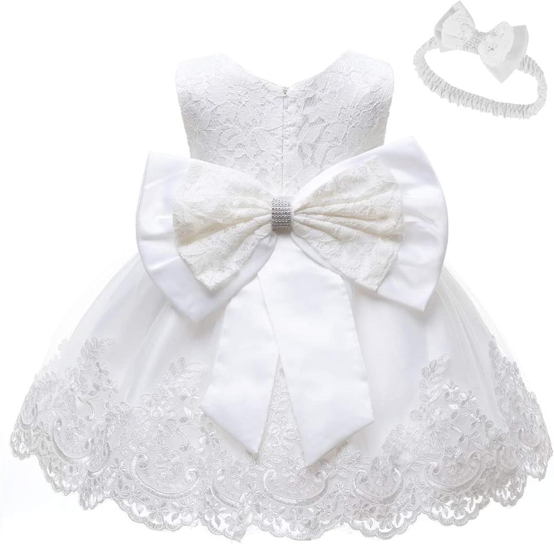 0-6T Baby Girl Party Dress Toddler Lace Embroideryr Evening Dresses with Headwear (White)