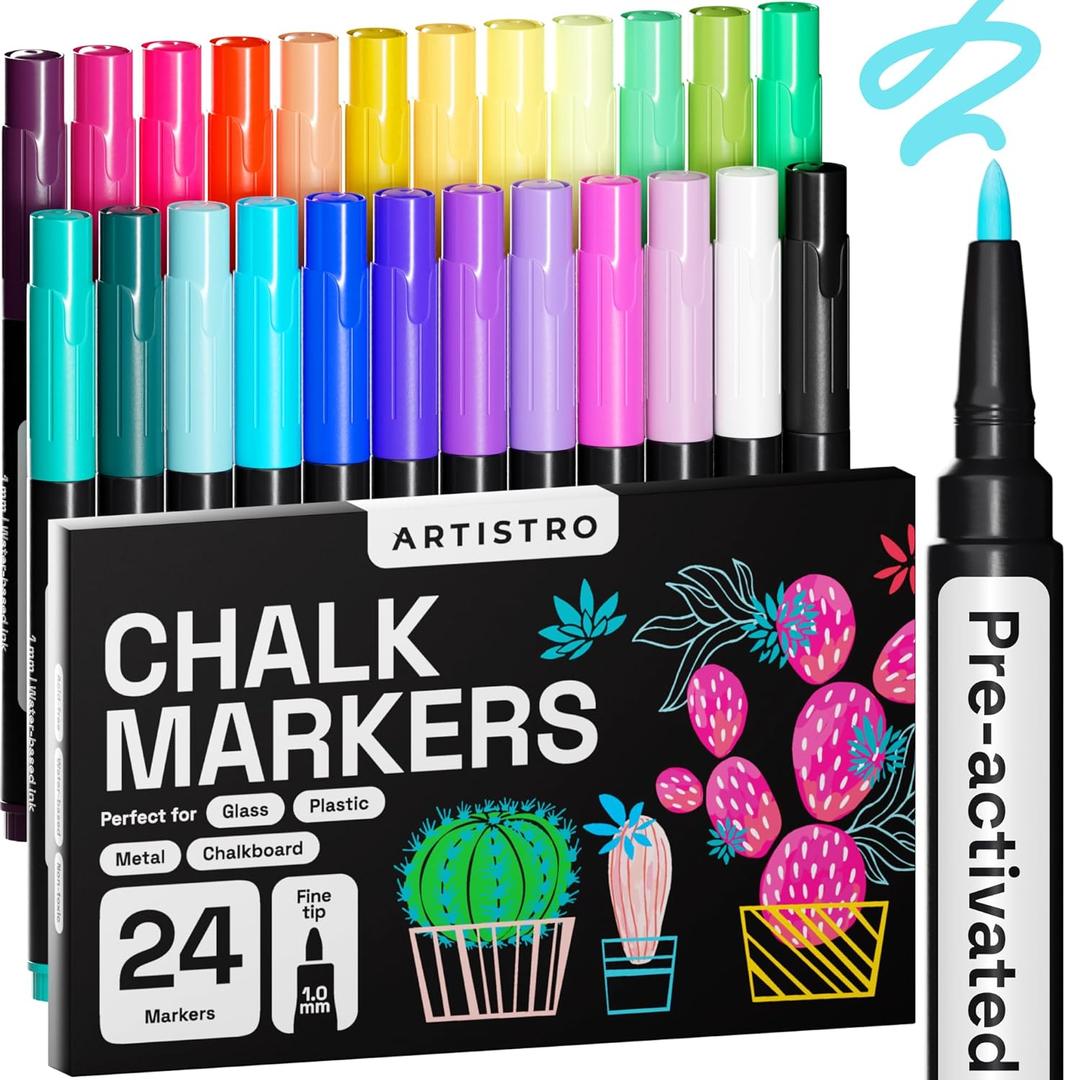 ARTISTRO 24 Liquid Chalk Markers Fine Tip Pre-Activated, Erasable for Glass, Windows, Cars, Chalkboard Markers with White Chalk for Kids & Adults