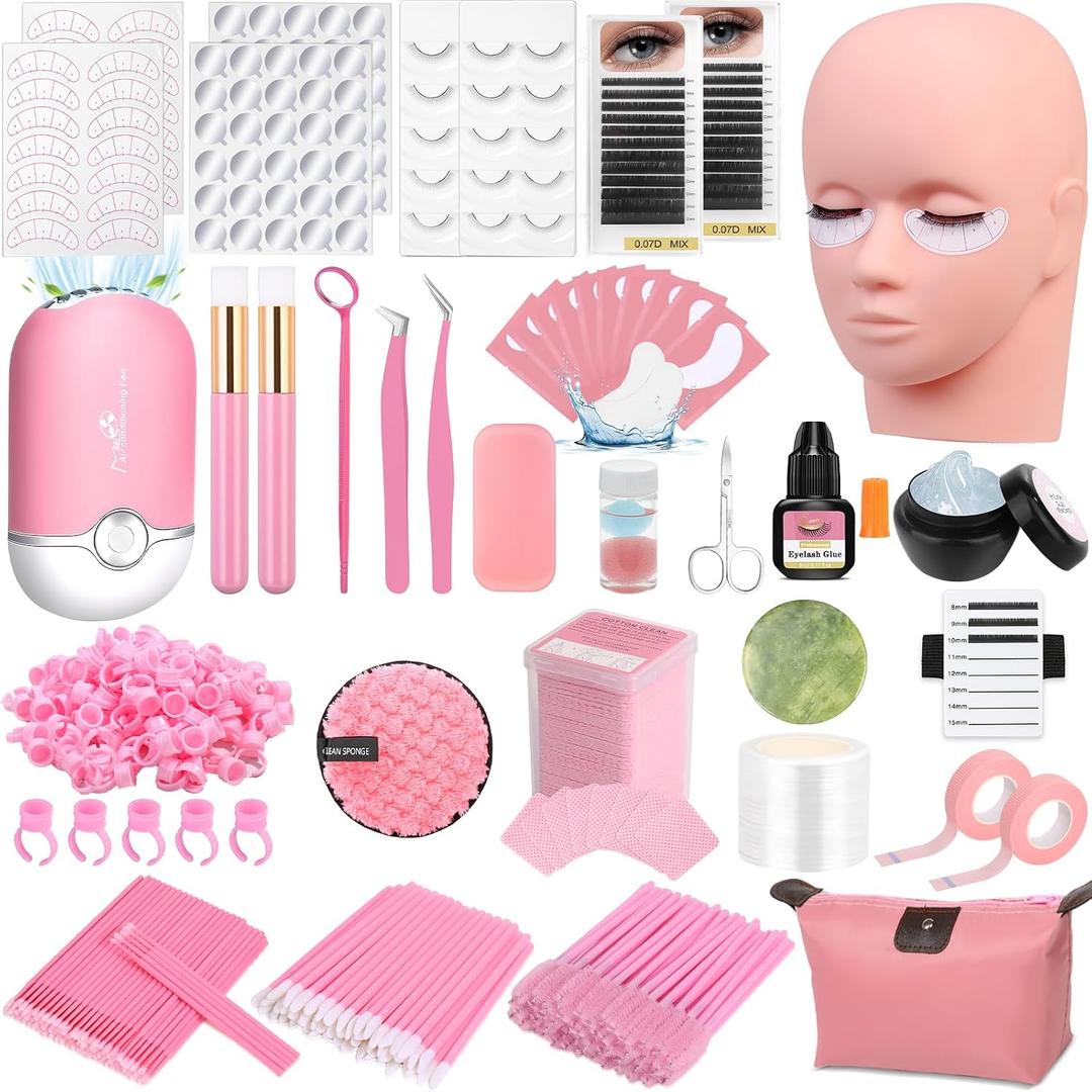 Lashes Kit for Eyelash Extension Beginner Lash Tech Starter Kit with Eye Lash Mannequin Head, Professional Eyelash Extension Kit with Lash Fan, Extension Glue and Eyelash Remover for Practice Training