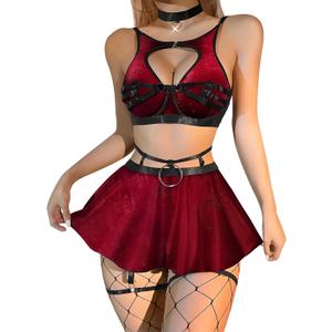 Lilosy Sexy Stocking Chocker Strappy Underwire O Ring Push Up Garter Belt Women Skirt 5 Piece (Small, Red Velvet)