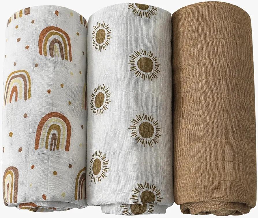 CHUNGEL 3 Pack Muslin Swaddle Blankets, Boho Rainbow Baby Muslin Blankets for Girls & Boys Unisex, Large 47 x 47 inches, Silky Soft, Lightweight, Breathable (Rainbow) (3 Pack Rainbow C)