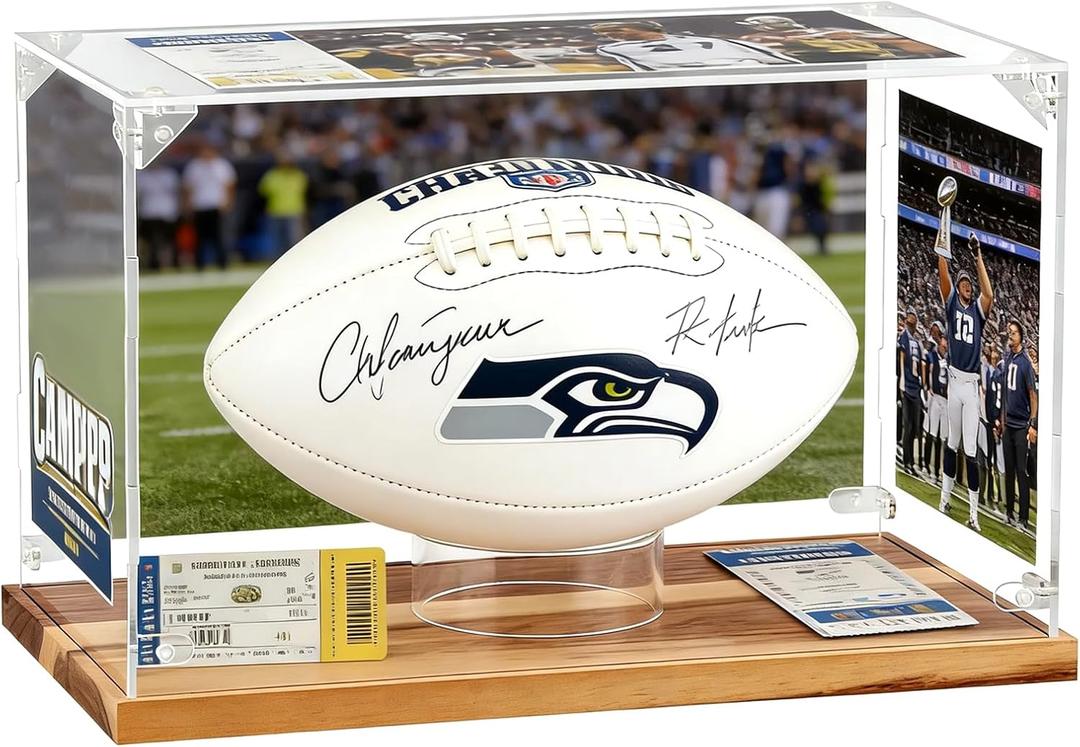 Football Display Case Full Size, Acrylic Football Case Display Case Clear with Wood Stand UV Protected Autographed Football Holder Box for Football Fans & Collectors