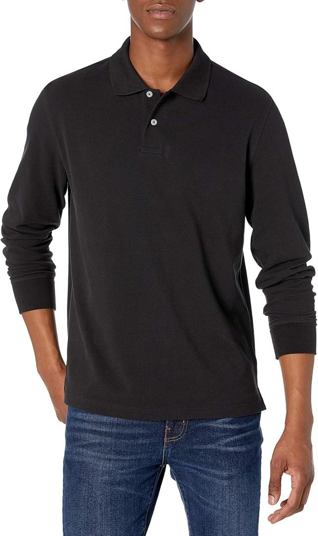 Amazon Essentials Mens Long Sleeve Polo Shirt with Collar, Regular-Fit Pique (XX-Large, Black)