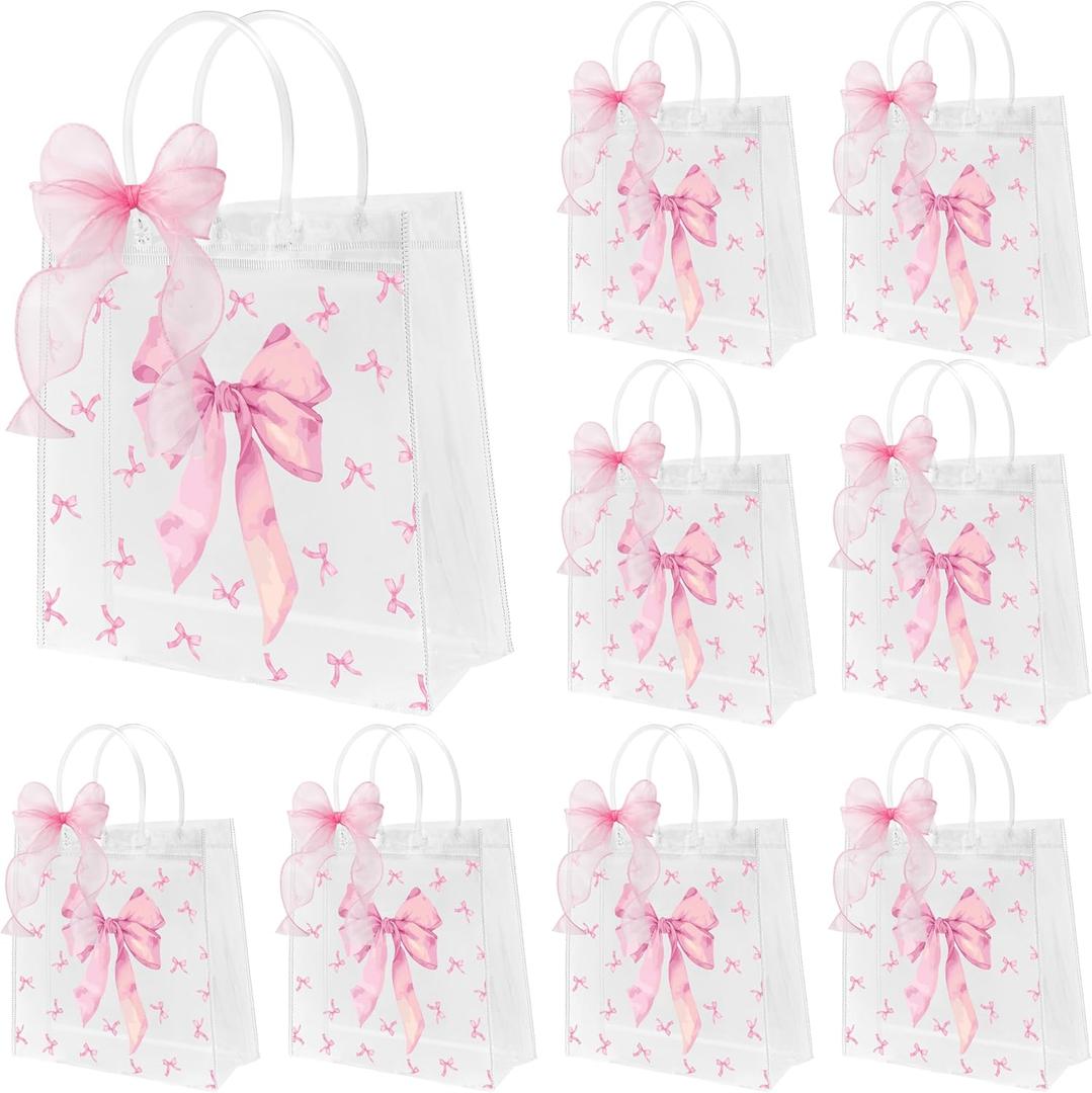 H1vojoxo Pink Bow Gift Bags - 24PCS Clear PVC Gift Bags with Handles DIY Ribbon Coquette Bow knot Reusable Transparent Tote Bag for Girls Birthday Baby Shower Weeding Bridal Engagement Party