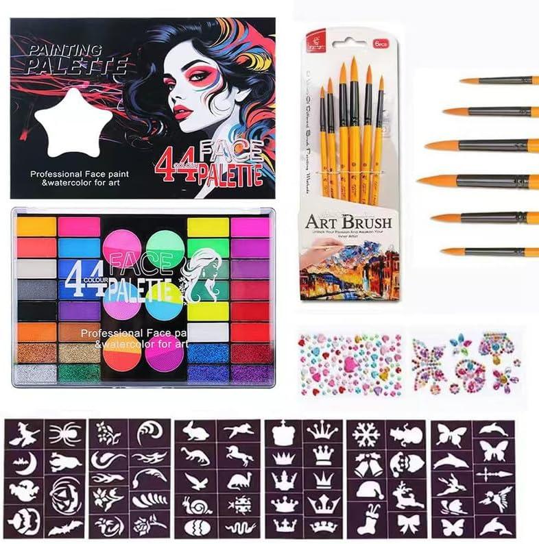 TLYITU 44 Color Face Painting Kit for Kids & Adults Non-Toxic Water Activated Face Paint Palette with Matte, Glitter & Bright Colors, Brushes, Stencils & Gems for Halloween, Carnival, Parties