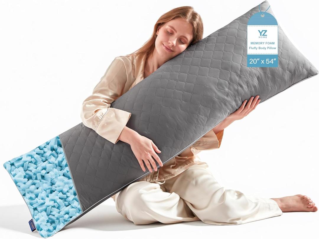 YZ HOME Long Body Pillow for Adults - Firm Body Pillow Insert with Shredded White Memory Foam, Adjustable Height, Soft Support for Side Sleeping, Pregnant Women, Washable (Grey, 20x54 Inch)