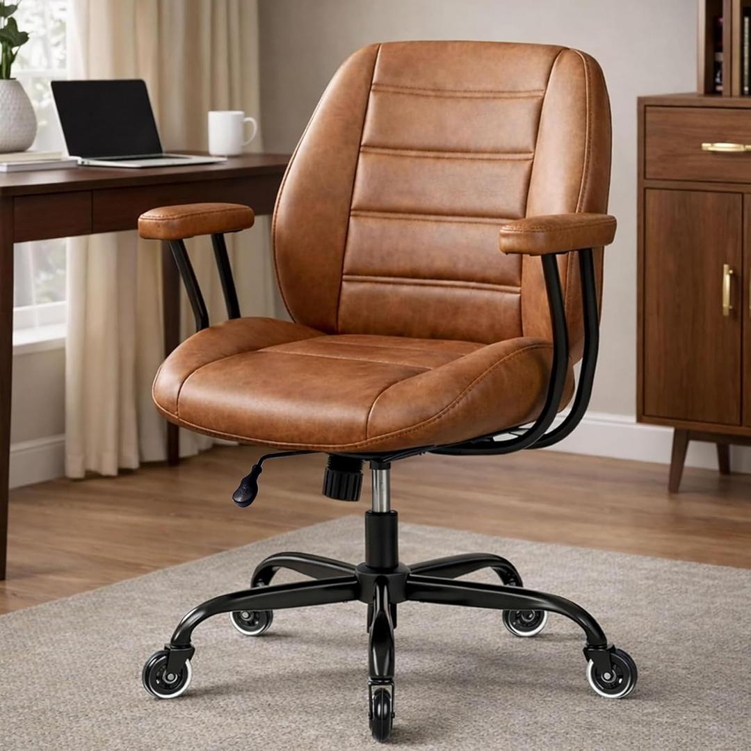 Brown Leather Office Chair with Quiet Rubber Wheels and Lumbar Support, Mid-Back Ergonomic Desk Chair with Removable Armrests, Height Adjustable Computer Chair for Home Office