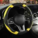 Leather Steering Wheel Cover, Breathable, Anti Slip & Odor Free, Black and Yellow (Round-Middle[14.5''-15''])