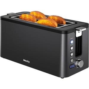 Mecity 4 Slice Toaster, Long Slot Toaster with Timer, Bagel, Defrost, Reheat, Cancel Functions, Warming Rack, Removable Tray, 6 Browning Settings, Extra Wide Slots, Stainless Steel, 1300W (Black)