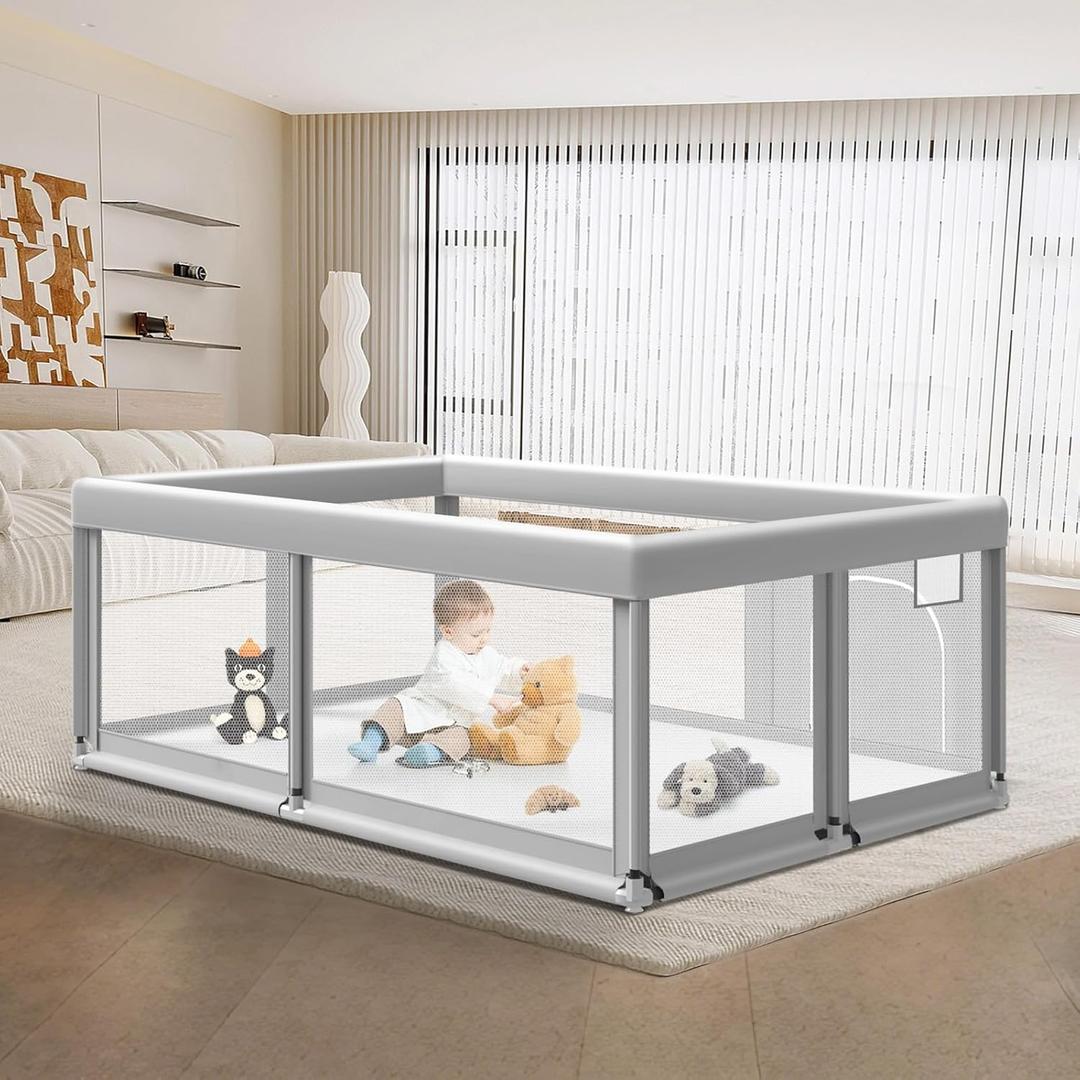 6550 Inches Baby Playpen, Playpen for Babies and Toddlers, Baby Play Yards Indoor & Outdoor, Sturdy Safety Play Pen with Soft Breathable Mesh, Toddlers Activity Center with Anti-Slip Base (Grey)