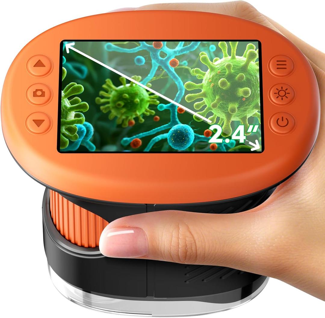 1000X Handheld Microscope for Kids, 4K 2.4" Screen Digital Kids Microscopes with 12 Slides, Portable Edu Toys Gifts for Age 3 4 5 6 7 8 9 10 11 12 Year Old Boys Girls Children Students(Orange)