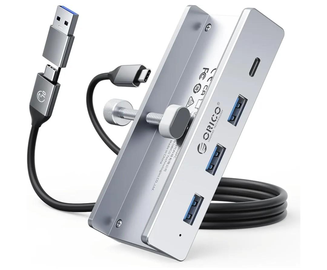 ORICO USB Hub 3.0, Clamp USB Hub with Extra Power Port, 3 USB-A Data Ports, USB-C Port for Monitors, Desks(Silver)