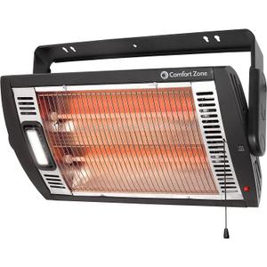 Comfort Zone 1500W Ceiling Mounted Dual Quartz Radiant Heater Infrared Workshop Heater with 90 Adjustable Tilt, Built-in Halogen Light & Pull String Control Overheat Protection, Black