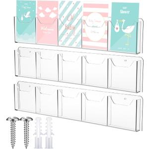 Honoson 3 Pack Wall Mount Pamphlet Holder Acrylic Brochure Holder with 5 Pockets, 4 Inch, Clear Wall Brochure Display Stand Hanging Rack for Pamphlet Flyers Booklet Menus Menu Advertise