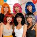 Hot Pink Wavy Curly Bob Wig with Bangs Heart Glasses for Women, 14 Inch Colored Neon Fun Party Hair Replacement Curly Synthetic Wigs for Cosplay Halloween Costume Bachelor Party Music Festival
