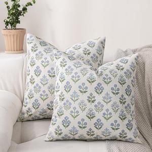 DWR Bluebell Print Throw Pillow Covers 18x18 (Set of 2), Handmade Block Print Decorative Pillow Covers, Aged Vintage Style in Neutral Faux Linen Cotton Blend for Couch, Sofa, Bed, Living Room