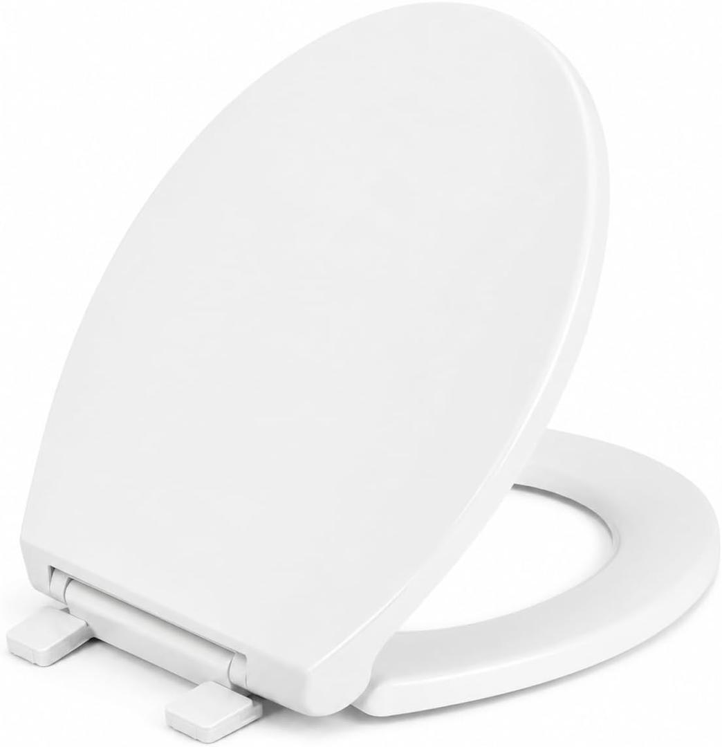 Round Toilet Seat, Quiet Slow Close, White Plastic, Comfortable Design