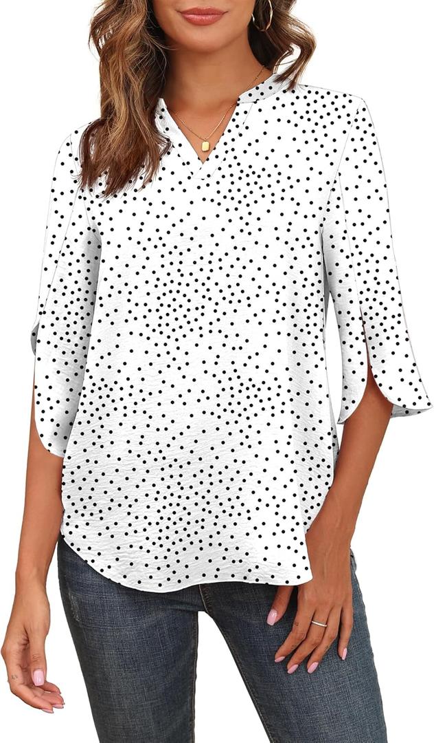 Askyes Women's 2025 Summer Chiffon Blouses Short Sleeve V Neck Tshirts Loose Casual Flowy Dressy Tops for Leggings Blouse, S