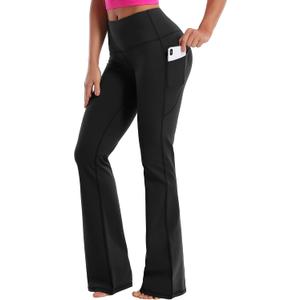 BUBBLELIME 29"/31"/33"/35"/37" Women High Waist Bootlegs Yoga Pants Tummy Control Bootcut Workout Flared Out Pockets (X-Large, Cotton Feel Side Pockets_black)