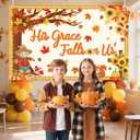 His Grace Fallis On Us Backdrop Fall Thanksgiving Banner Autumn Maple Leaves Pumpkin Fall Bulletin Board Decorations Fall Classroom Decorations Wall Decor Supplies 70.8 x 43.3 inch